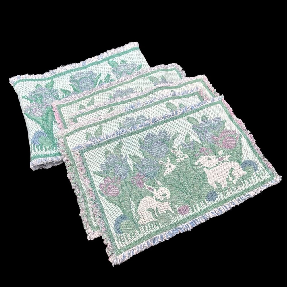 Vintage Tapestry Runner Placemats Set Bunny Rabbits Tulips Green Easter Spring